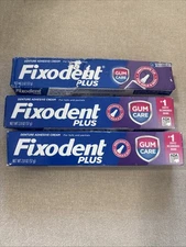3 Pack Fixodent Plus Gumcare Denture Adhesive Cream Unflavored 2 oz