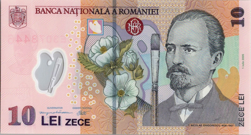 Romania 10 Lei 2005  Polymer Note Uncirculated Nicolae Grigorescu. Ten Leu Bill