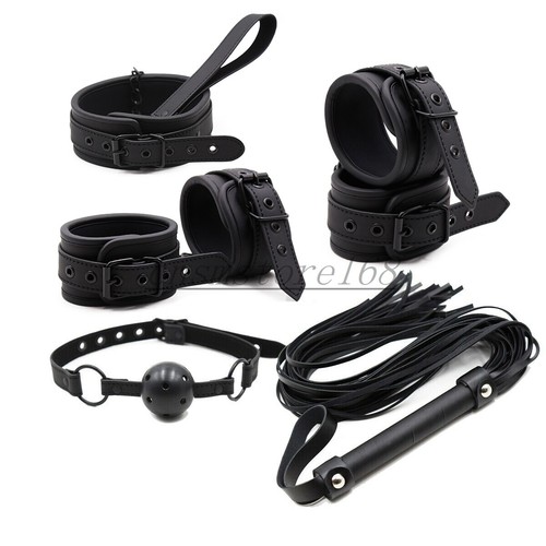 BDSM Couples Bondage Set Hand Cuffs Footcuff Whip Collar Leash