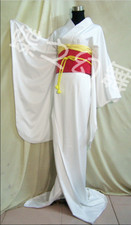 Japanese Kimono Furisode white Dress Traditional Women Long Floral Costume