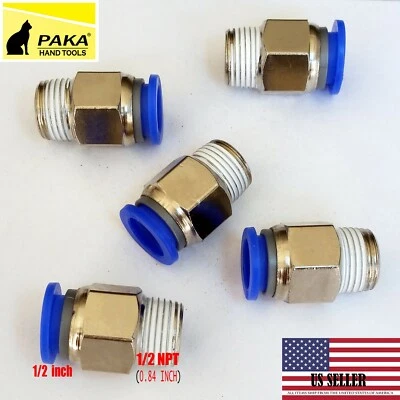 PAKA TOOLS 5X Male Straight Connector Tube OD 1/2" X NPT 1/2 PU Air Push In Fitting