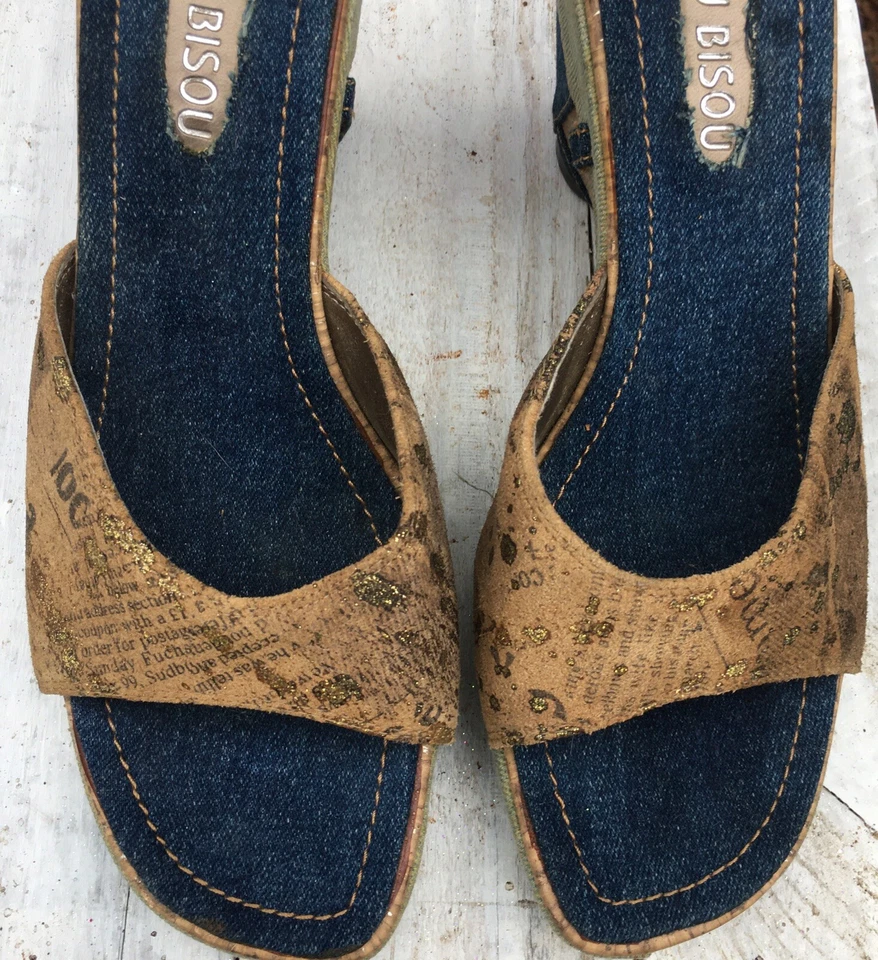 Bisou Bisou на танкетке джинсовой ткани и замши размер W 9 различных стирок пробковая панель пэчворк - Изображение 3 из 4