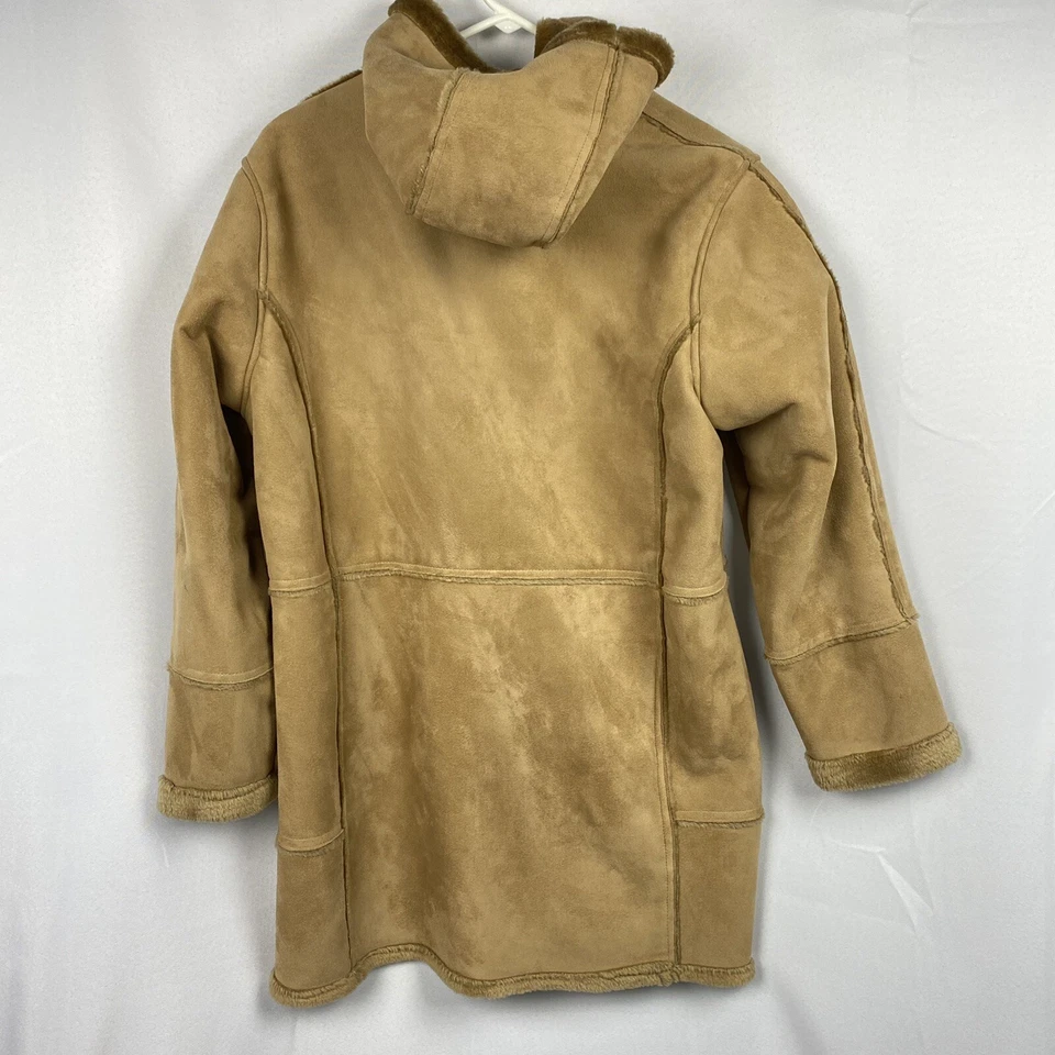 Abrigo para mujer de cuero sintético gamuza borde exterior con capucha tostado cremallera completa talla 1X Foto 2 de 4