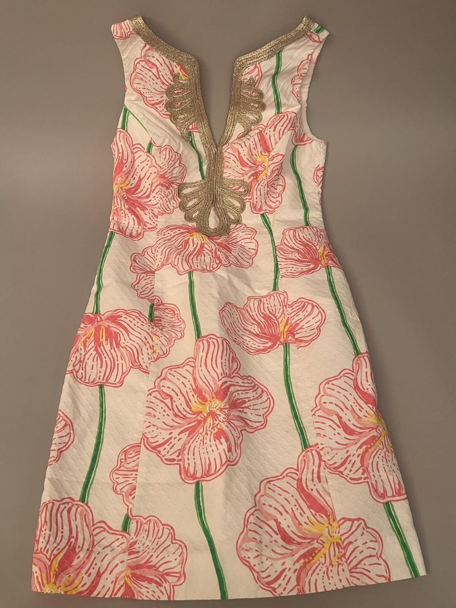 A+ Lilly Pulitzer Janice Shift Resort White GOLD Pink floral Dress