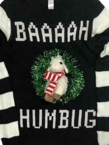 Junior Womens Black Tinsel Baaah Humbug Lamb Christmas Holiday Sweater - Afbeelding 2 van 2