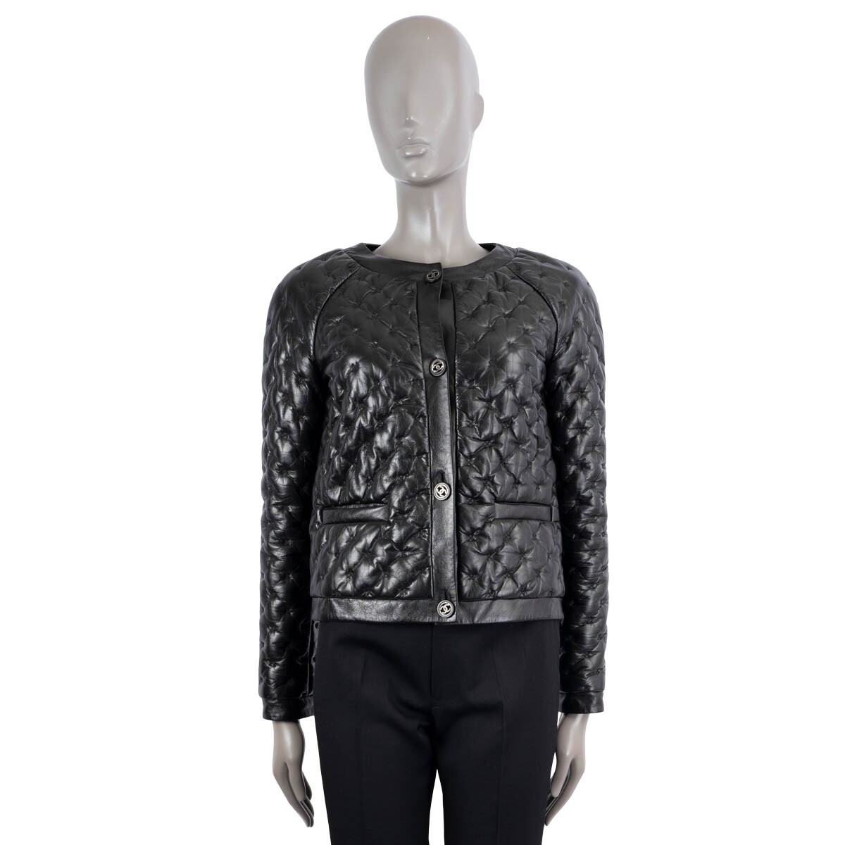 68371 auth CHANEL black leather 2013 13K QUILTED PUFFER