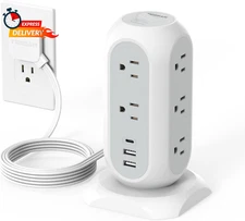 Tower Power Strip Flat Plug with 11 Outlets 3 USB (1 USB C), TESSAN Surge Protec