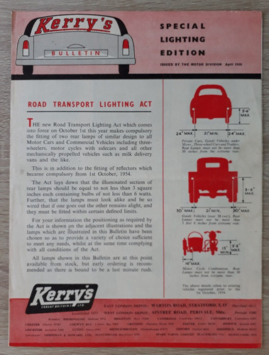 Kerry's Lighting Broschüre 1956 Stop Tail Reflektoren Nummernschild Kabel