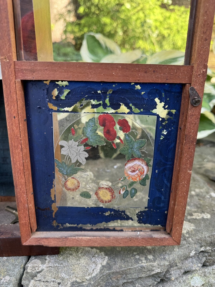 Vintage EN Welch Steeple Mantel Clock Painted Glass Floral 30 Hr
