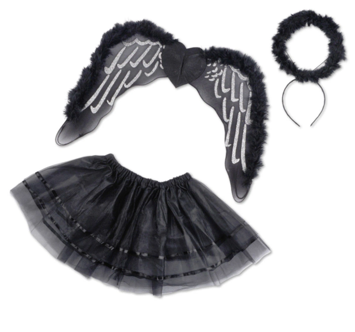 Schwarzer Engel Kostüm Damen – 7-teiliges Halloween Set In Einheitsgröße, Inkl. Flügel, Halo & Maske