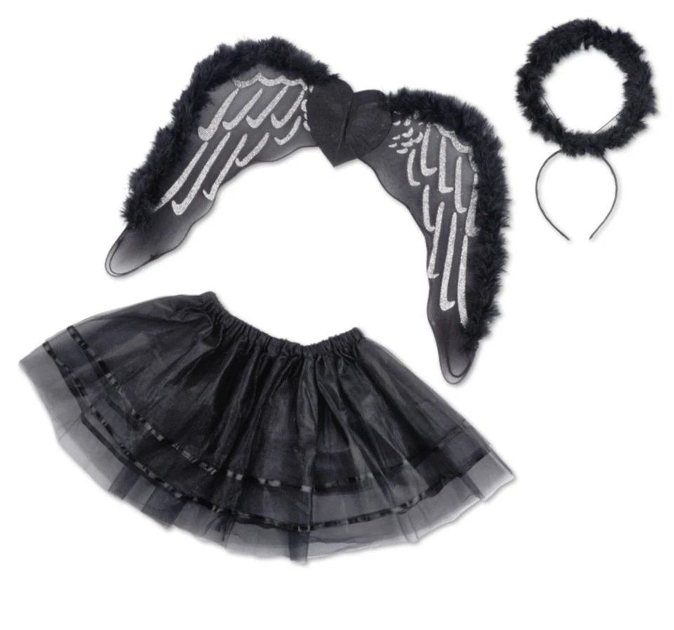 Mädchen Damen schwarzer Engel Flügel Kostüm 3tlg. Tutu Set Halloween Karneval