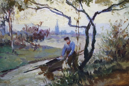 Belgischer Maler um 1930 unleserlich signiert Mann mit Schubkarre an einem Fluss - Bild 4 von 9