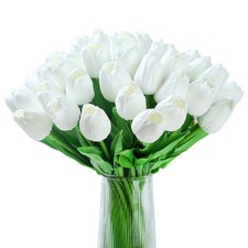 20 PCS White Artificial Tulips, Fake Silk, Real Touch, 14, Spring, Wedding