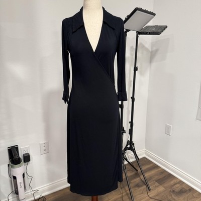 Boden Dress Womens 12R Black Jersey Wrap Collared Tie Waist Long Sleeve Midi