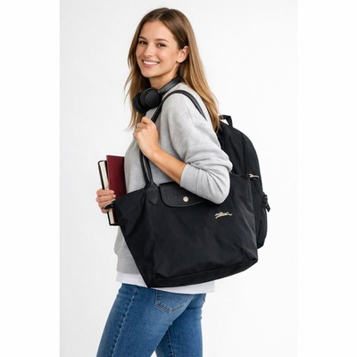 #ad LONGCHAMP TOP HANDLE BAG FOLD FLAT BLACK LEATHER TRIM SPORTY LOGO DETAIL LG SIZE $75.00