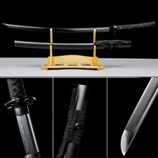 Japanese Samurai Katana Sword Damascus Folded Steel All Black Blade Sharp