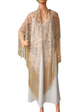 Vtg Floral Lace Piano Shawl Hand-Knotted Long Dramatic Fringe Metallic Thread