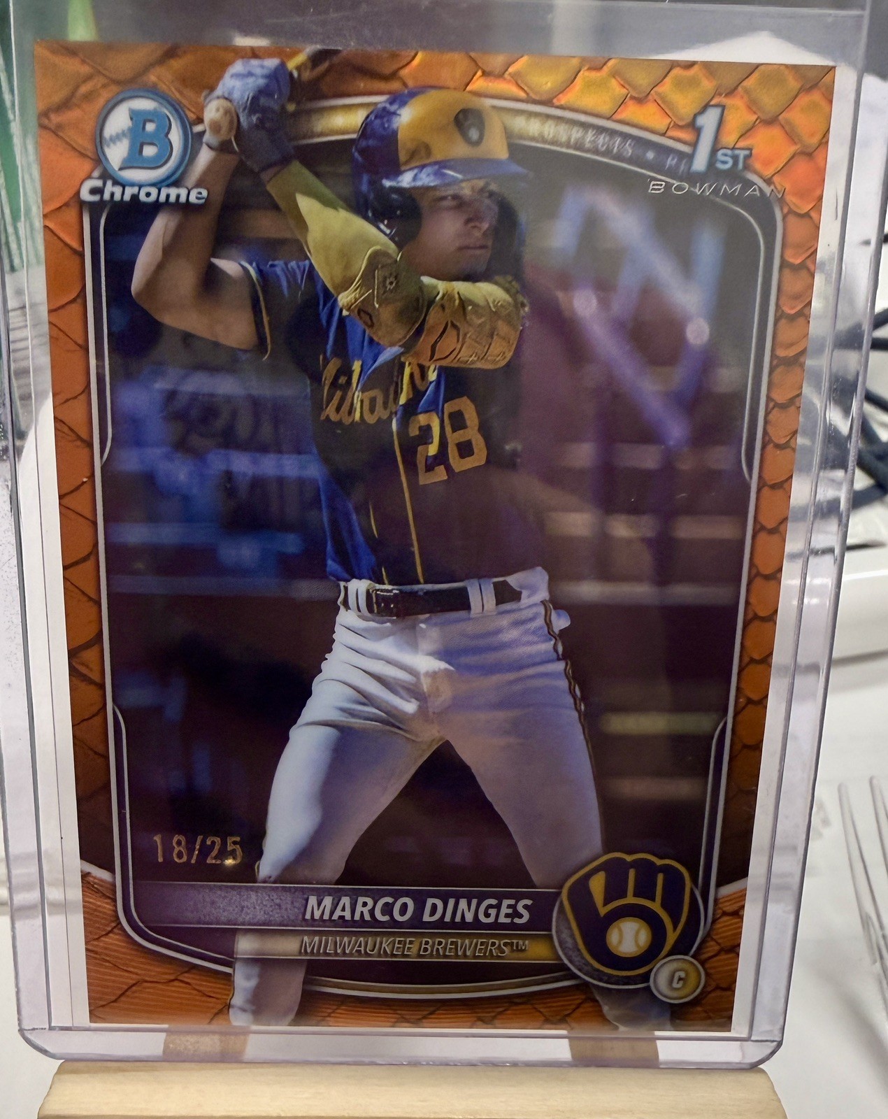 MARCO DINGES 2025 BOWMAN CHROME 1ST ORANGE Reptilian Refractor BREWERS #/25