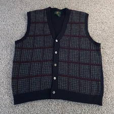 Vintage Club Room Pure Lambs Wool Houndtooth Plaid Vest Men XL Short Blue Gray