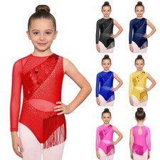 Girls Leotard Festival Bodysuit Mesh Patchwork Jumpsuit Fringe Workout Latin