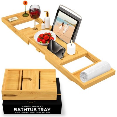 Bamboo Bathtub Tray Caddy - Expandable Bath Tub Table for Wine, Books & Tablet