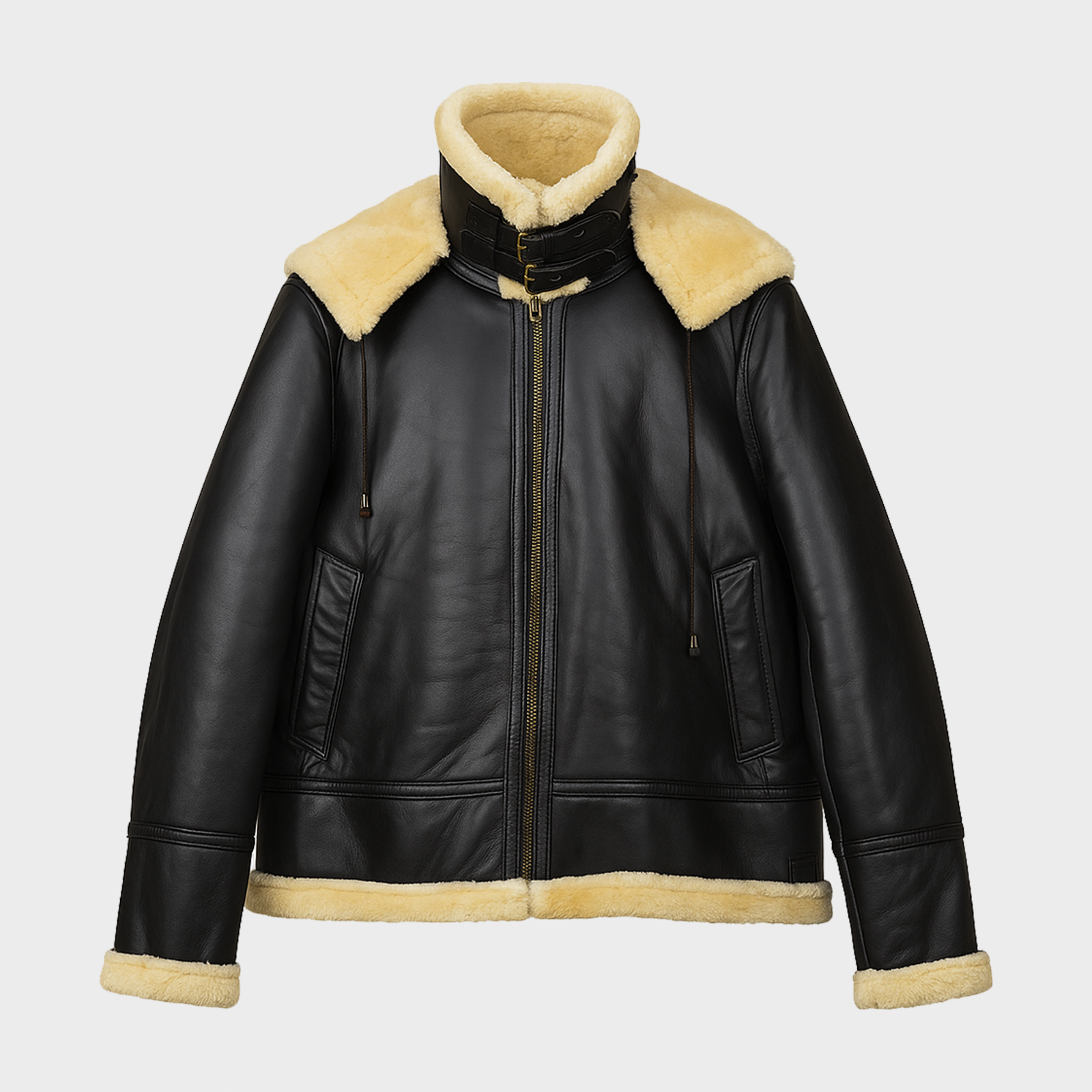 Men's Black Shearling Aviator Leather Jacket with Detachable Hood