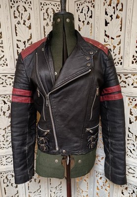 Vintage Campari Vanguard Leder Motorrad Jacke schwarz rot Biker Cafe Racer