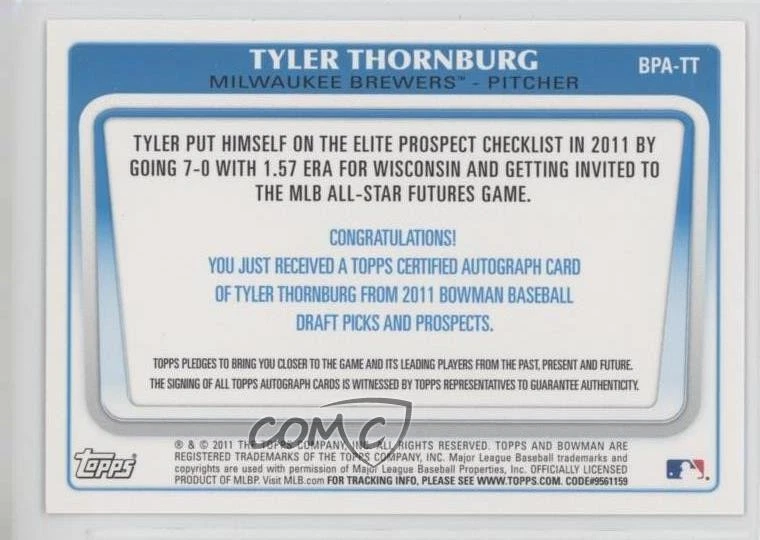 2011 Bowman Draft Retail Prospects Auto Tyler Thornburg #BPA-TT Auto - Image 2 of 2