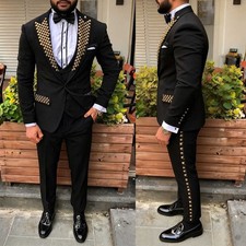 New Men's Black Formal Suit Gold Peak Lapel Single Breasted Jacket Pant Slim Fit
