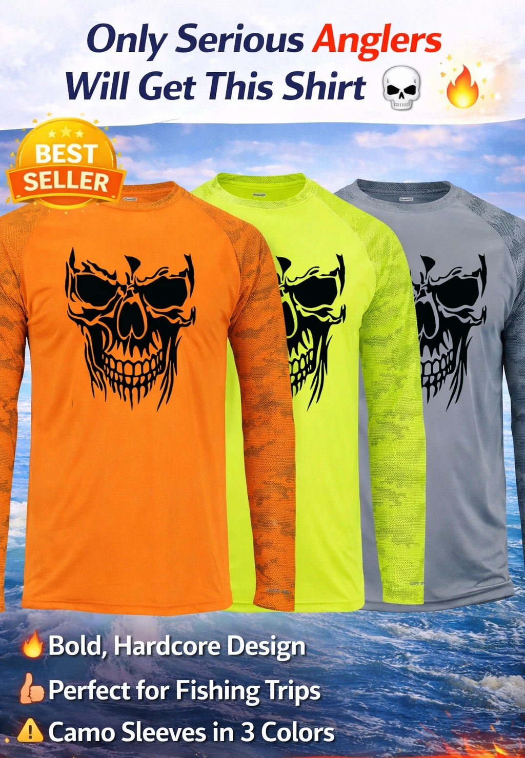 Skull Fishing Angler Camo Camouflage Long Sleeve UPF 50 T-Shirt UV Protection