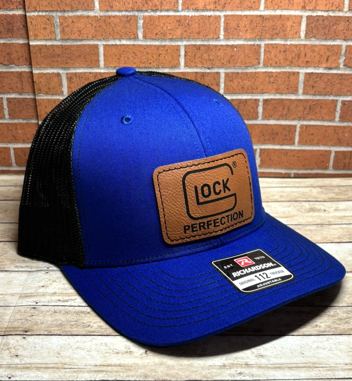 Richardson 112 Glock Leatherette Patch Trucker Hat, Gun Glock Hat, Blue/Black