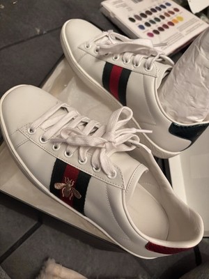 Gucci Ace Embroidered Sneakers Size 5.5 White Leather Web Stripe Bee Green Red