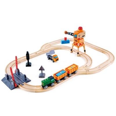 Hape: Crossing & Crane Set - 32pc Wooden Train Cargo Railroad Yard,Ages 3+