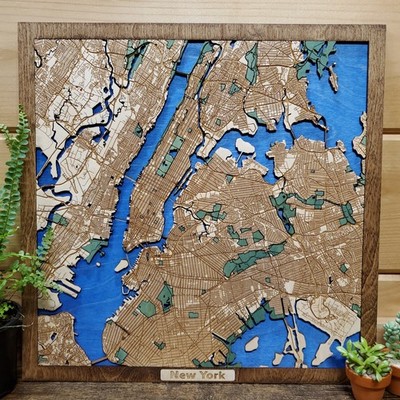 Engraved Wooden Map Of New York City