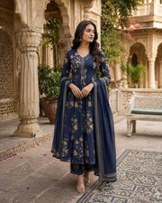 Women Blue Plus Size Floral Print Designer Anarkali Kurta Top Pant With Dupata