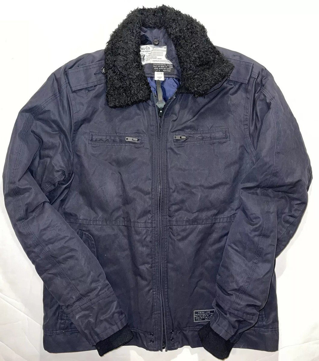 Diesel Faux Shearling Collar Blue Military Field Bomber