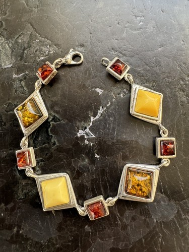 VTG BALTIC BUTTERSCOTCH EGG YOLK CABOCHON AMBER STERLING 925 Deco BRACELET 7.25
