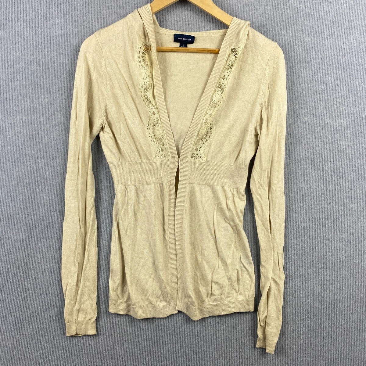 Witchery Cardigan Womens Small Beige Knit Lace Collar Viscose
