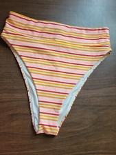 Aerie Orange Stripe Swimsuit Bikini Bottom Thigh High Medium Fully Lined