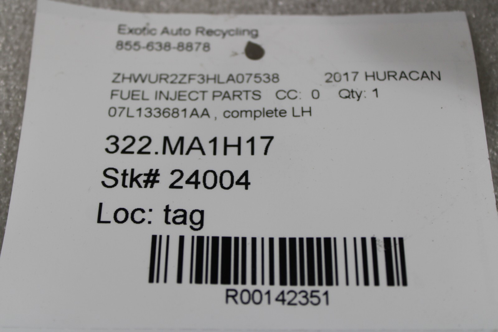 Lamborghini Huracan, LP610, 580, LH, Upper Fuel Rail, Used, P/N 07L133681AA