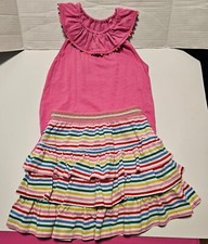 Mini Boden Girls Charlie Pom Tank Top Pink Tiered Skort Stripes Size 8-9