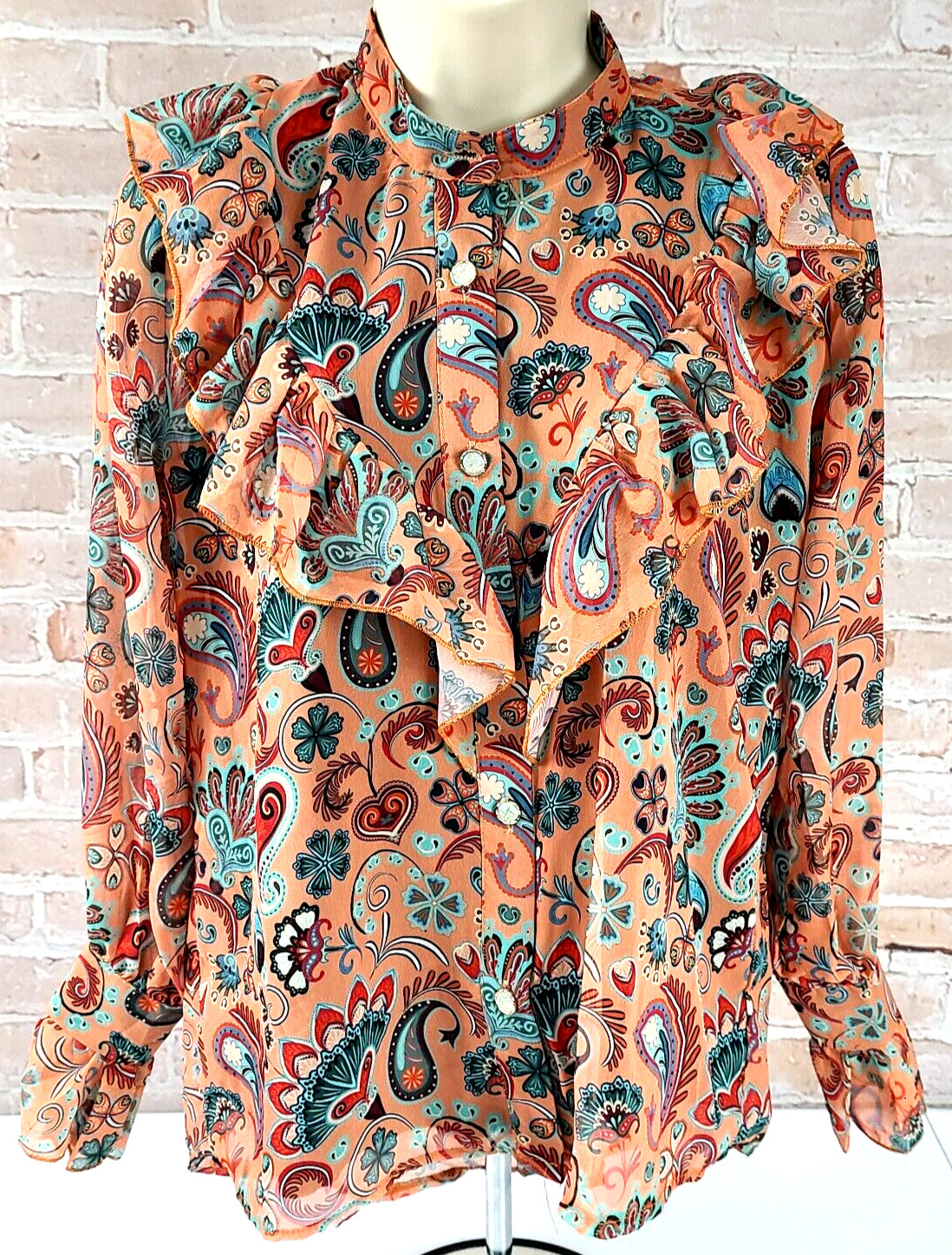 Polo Bonetta Long Sleeve Blouse Ruffle Fall Colors Glitter Buttons Women S/M New