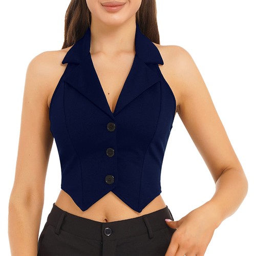 Damen Button Down Neckholder Weste Cropped Vielseitig Smoking Anzugweste Blazer - Bild 10 von 30