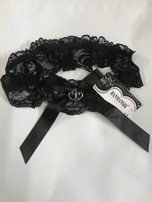 Bridal Garter - Black Lace - Silver Double Heart Charm - Wedding Day