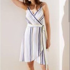 NWT Striped Loft Wrap Mini Dress Size 6 100% Rayon white blue and yellow stripes