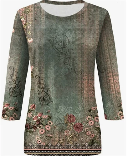 Top donna estivo etnico floreale slim carino top girocollo slim fit t-shirt UK - Foto 7 di 16