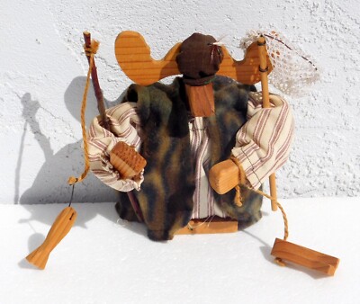 MOOSE Wood Fishing Fisherman Wooden Folk Art Rustic Figure Holding Rod with Fish