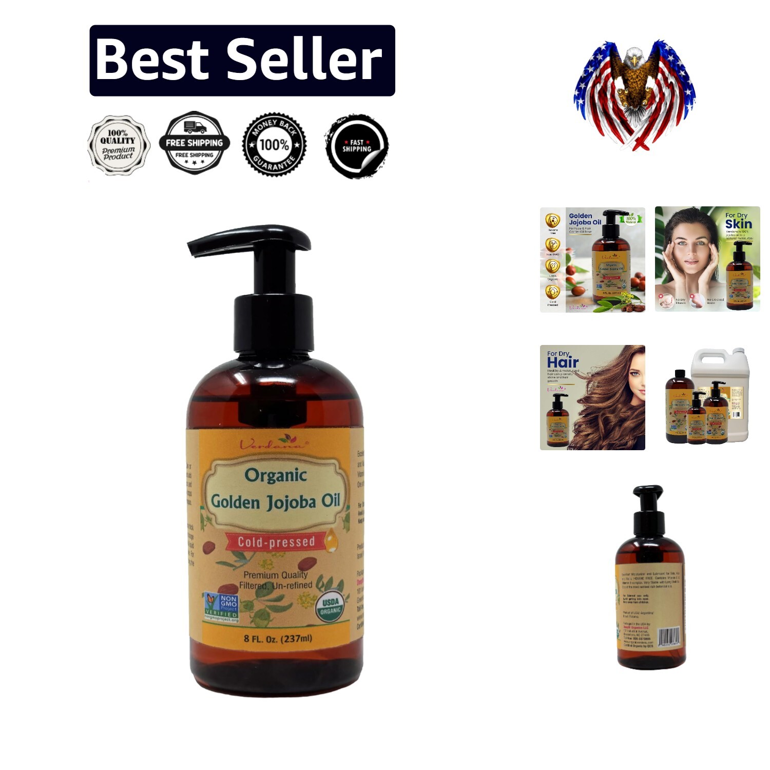 8 fl oz USDA Organic Jojoba Oil - Cold Pressed Moisturizing Oil for Hair & Skin