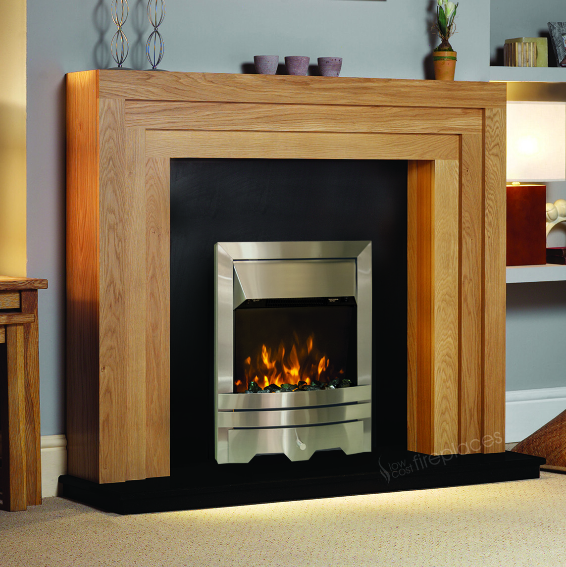 ELECTRIC OAK WOOD SURROUND SILVER BLACK MODERN LED FIRE FIREPLACE SUITE