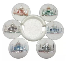 White Marble Coaster Set Semi Precious Mop Taj Mahal Pattern Best Gift for Her